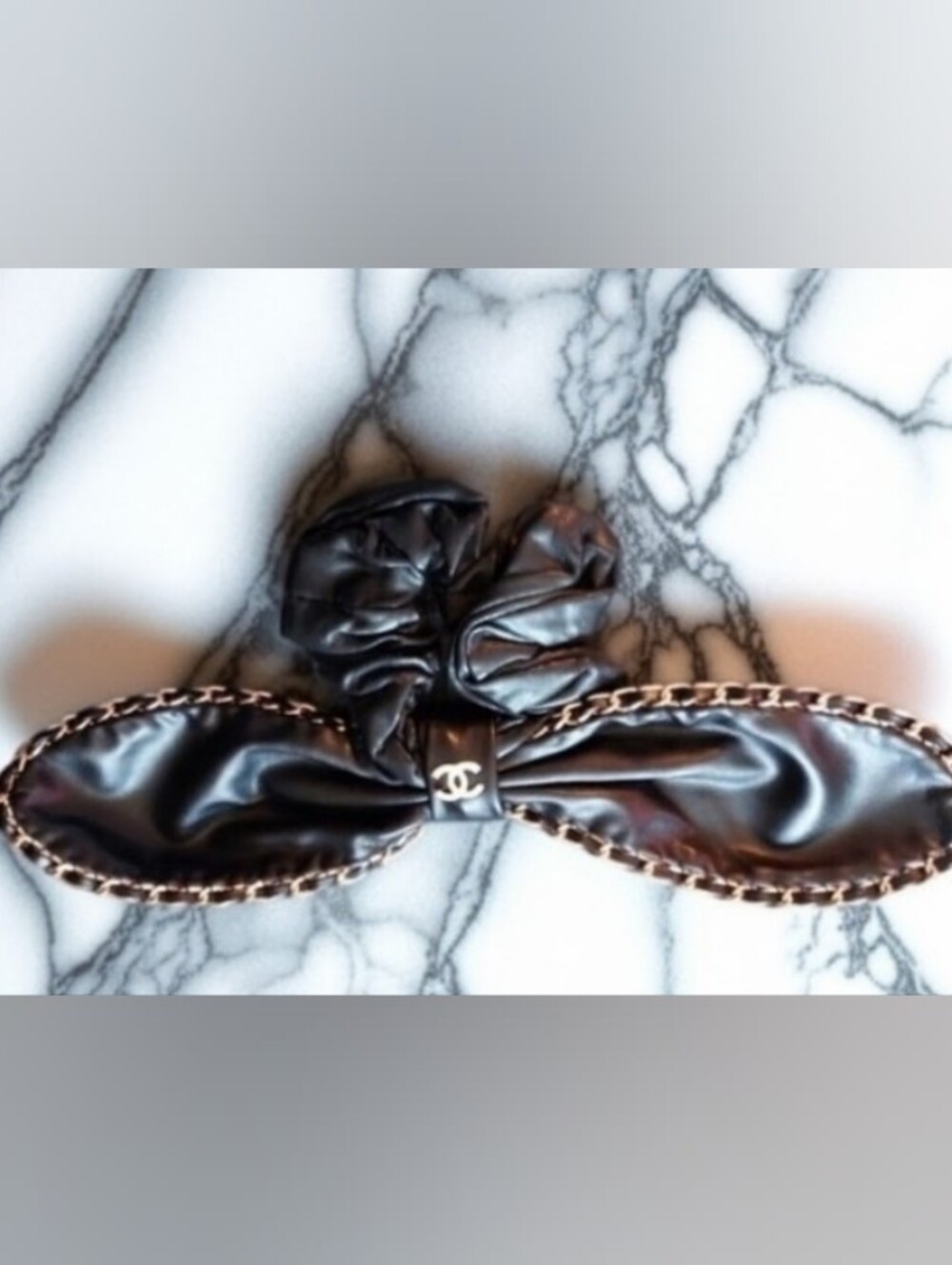 Chanel Black PU Leather Bow Scrunchie with Gold Chain Detail - New!